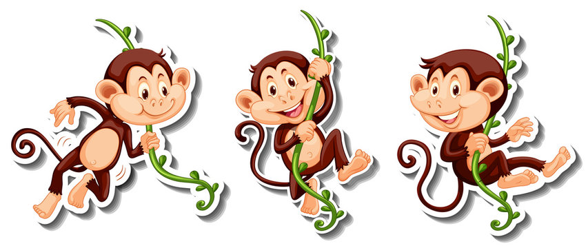 Stickers of monkeys hanging on vine