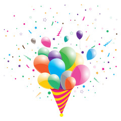 Party event with multicolored balloons on a sky and star. Congratulations and holiday Event.