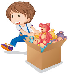 Little boy pulling box of teddy bears