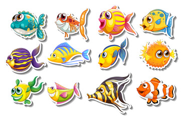 Fototapeta na wymiar Set of stickers with cute fish