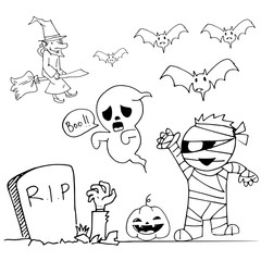 Cute Halloweeen doodle mummy ghost witch