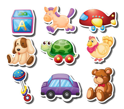 Toy stickers on white background
