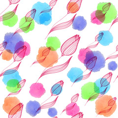 Tulips seamless pattern watercolor stains