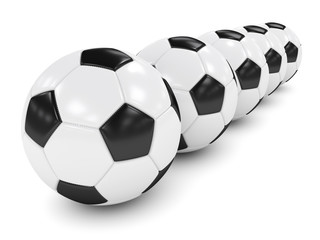 3d rendered row of soccer balls isolated over white