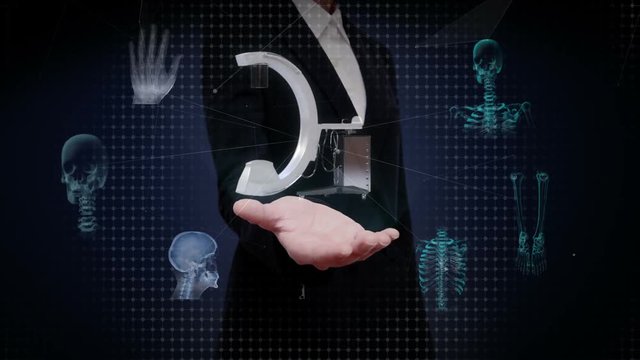 Businesswoman open palms, C Arm X-Ray Machine Scanner, medical diagnosis technology. version 2.