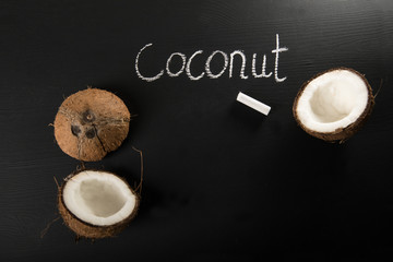 Coconut shells on black chalkboard