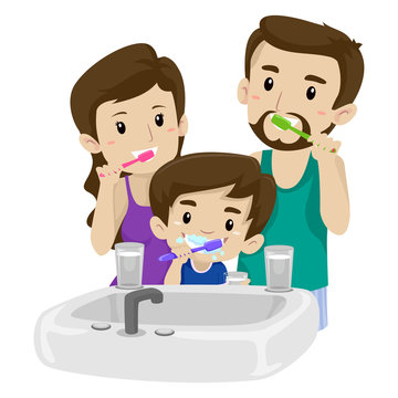 Vector Illustration Of Asian Family Brushing Their Teeth