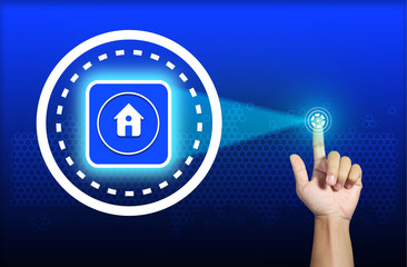 business, technology and  internet concept - businessman pressing real estate button on virtual...