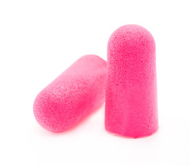 close-up A pair of ear plugs stoppers for protection against noise , isolated on a white background