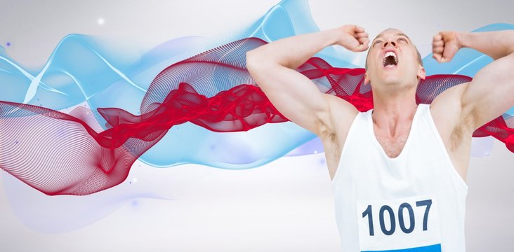 Composite image of young athlete winning race