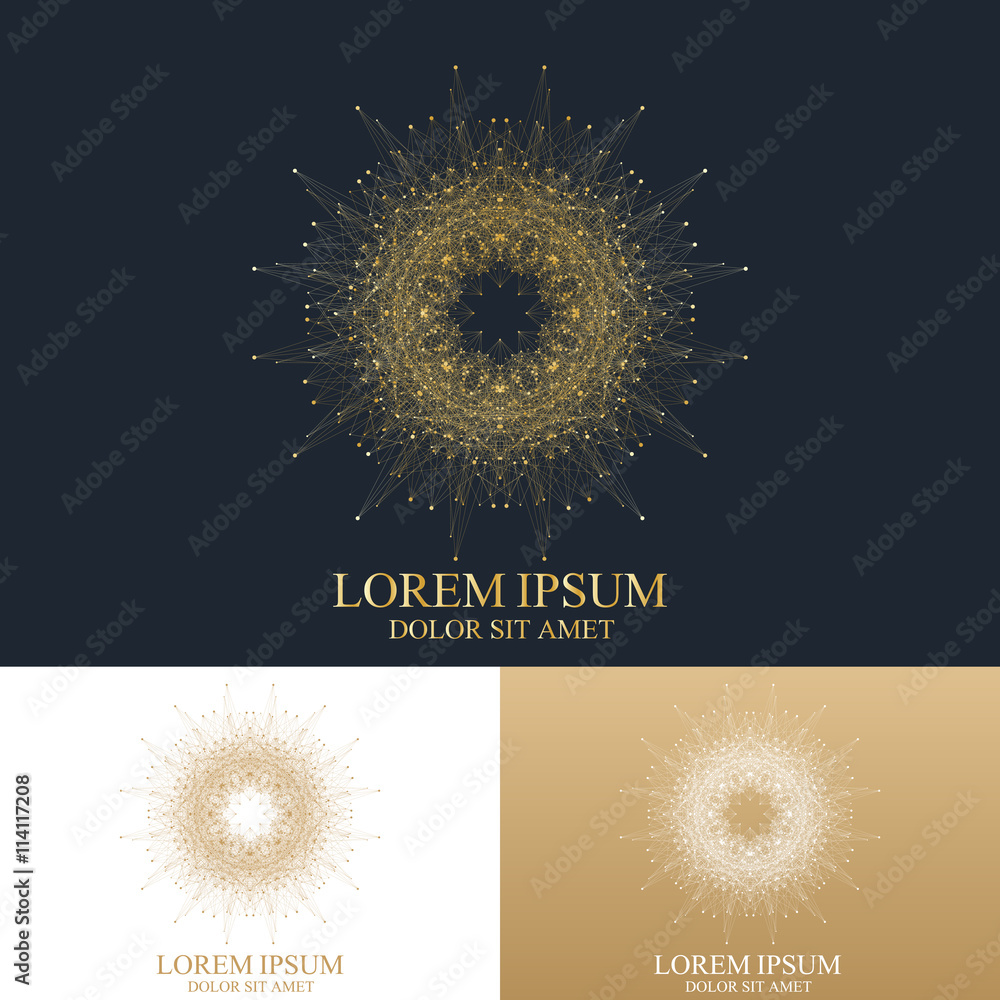 Poster geometric abstract sign template with connected line and dots. luxury golden solutions design. vecto