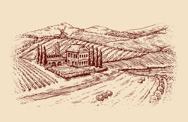 Italy. Italian landscape. Hand-drawn sketch vintage vineyard, farm. Vector illustration