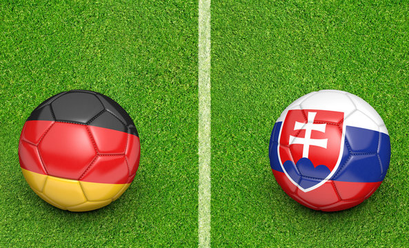 Team balls for Germany vs Slovakia football tournament match, 3D rendering