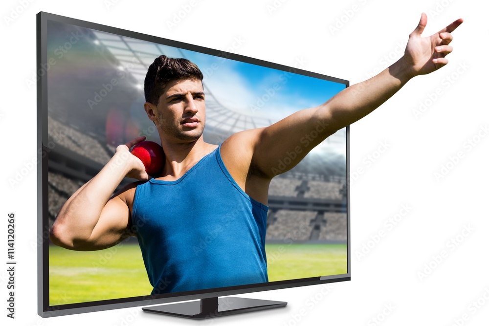 Poster composite image of front view of sportsman practising shot put