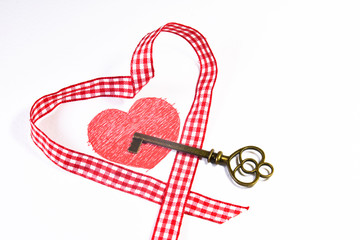 Key, Red Ribbon and Heart Drawing Shape