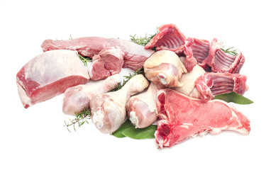 raw meat selection over white background