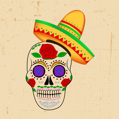 Illustration of floral skull with hat for Day of the Dead
