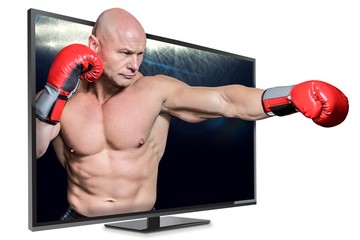 Composite image of bald boxer in fighting stance