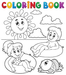 Coloring book children in swim rings 1