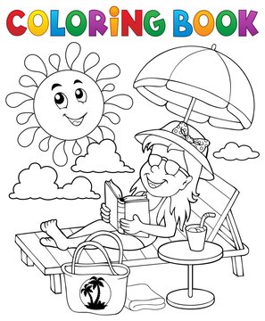Coloring book girl on sunlounger theme 1