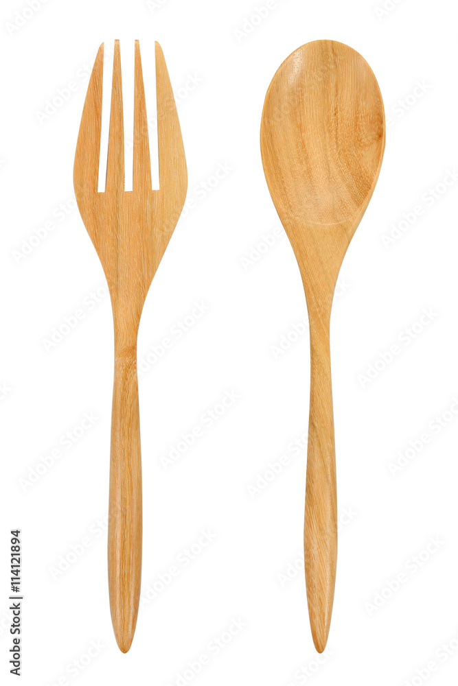 Wall mural wooden spoons and fork Isolated on White Background