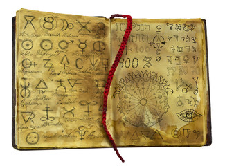 Alchemic book with mystic and fantasy symbols on shabby pages isolated