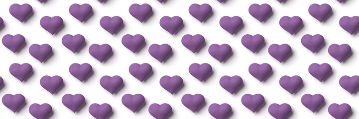 seamless banner of big purple hearts on a white background (format 3x1, 3d illustration)