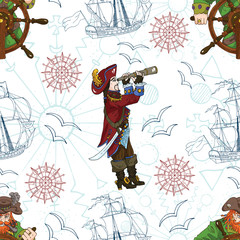 Vintage seamless background with pirates and ships on white