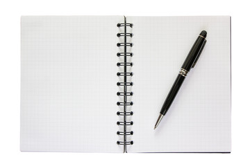 Black pen on a notebook with a grid, Isolated on white background.