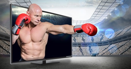 Composite image of bald boxer in fighting stance