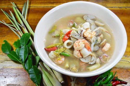 seafood spicy hot soup and mixed herb