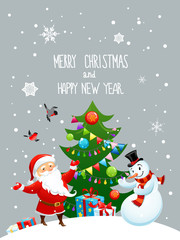 Fototapeta na wymiar Santa Claus and snowman with christmas tree