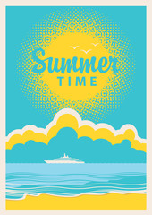 Fototapeta na wymiar Travel banner with the sea, sun, beach and the word summer time