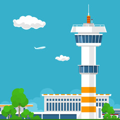 Airport Terminal, Airport with Control Tower ,Travel and Tourism Concept ,Vector Illustration