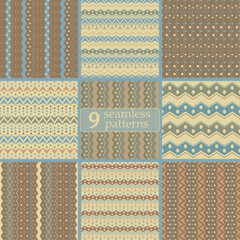 Set of seamless tribal color patterns with zigzags and dots