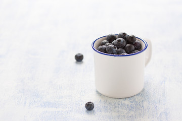 Fototapeta na wymiar Fresh blueberries in an enamel bowl, closeup with copy space