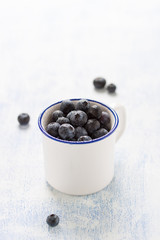 Fototapeta na wymiar Fresh blueberries in an enamel bowl, closeup with copy space
