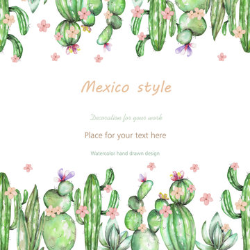 Background, template postcard with the cactuses and tender flowers, hand drawn on a white background, background for your card and work