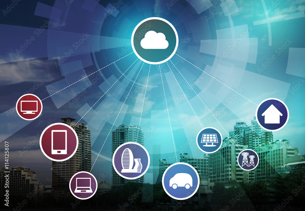 Poster cloud computing and various communication devices, abstract image visual