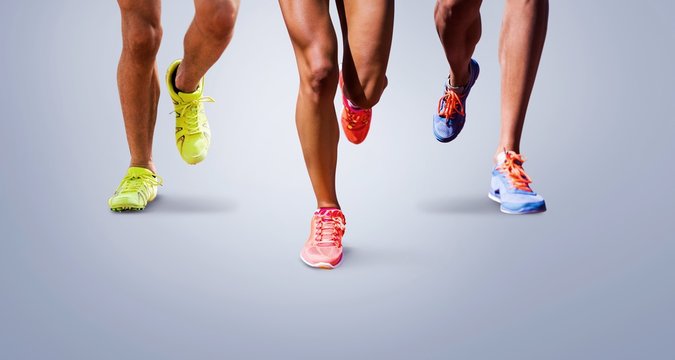 Composite image of close up of sportsman legs running 
