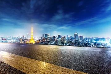 Fotobehang empty street with cityscape and skyline of tokyo at twilight © zhu difeng