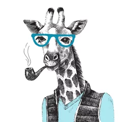 Fotobehang Hand drawn Illustration of giraffe hipster © Marina Gorskaya