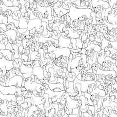 Cute seamless pattern with cartoon different dogs.