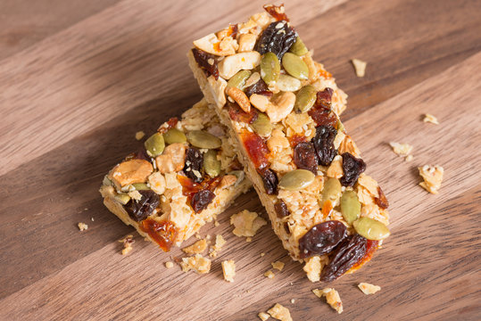 Healthy Snack, Cereal granola bars with nuts and dried fruit.