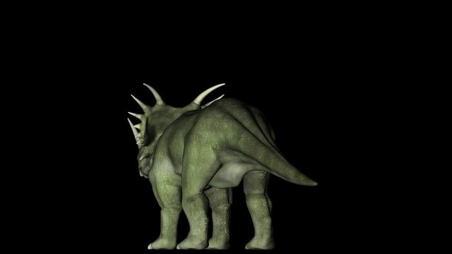 Animation of dinosaur Styracosaurus gyrating 360 degree on black background