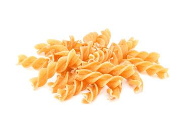 Fototapeta premium Heap of fusilli - traditional italian pasta isolated on white background. Design element for bakery product label, catalog print, web use.