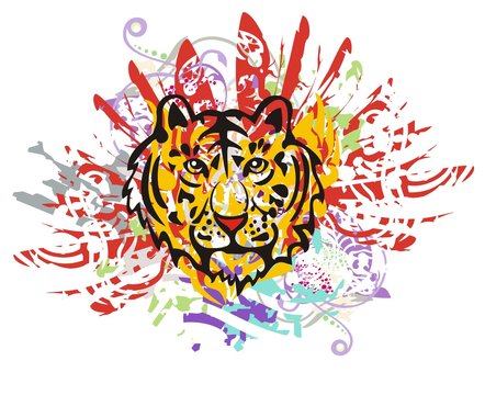 Grunge tiger head with red feathers. Tribal tiger head with colorful splashes