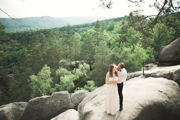 Wedding couple in love kissing and hugging near rocks on beautiful landscape
