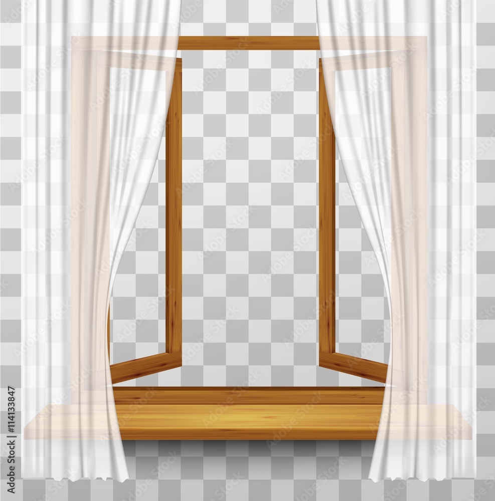 Poster wooden window frame with curtains on a transparent background. v