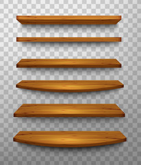Obraz premium Set of wooden shelves on a transparent background. Vector.